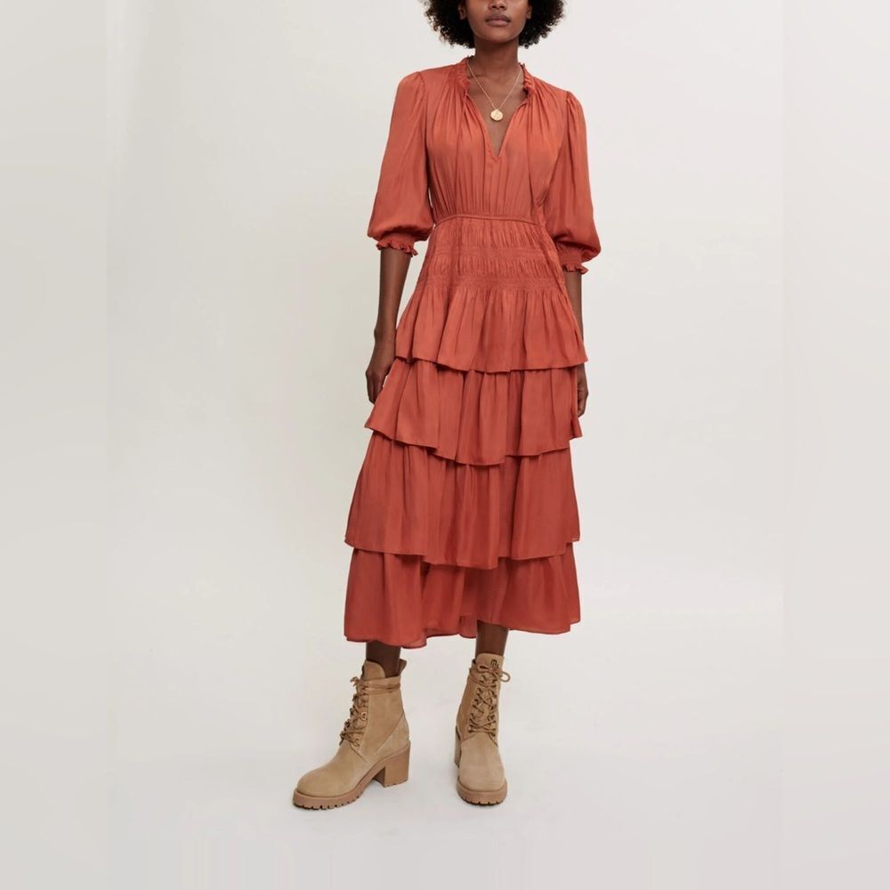 Maje Ruffle Midi dress Rust color‎ size 6 NWOT